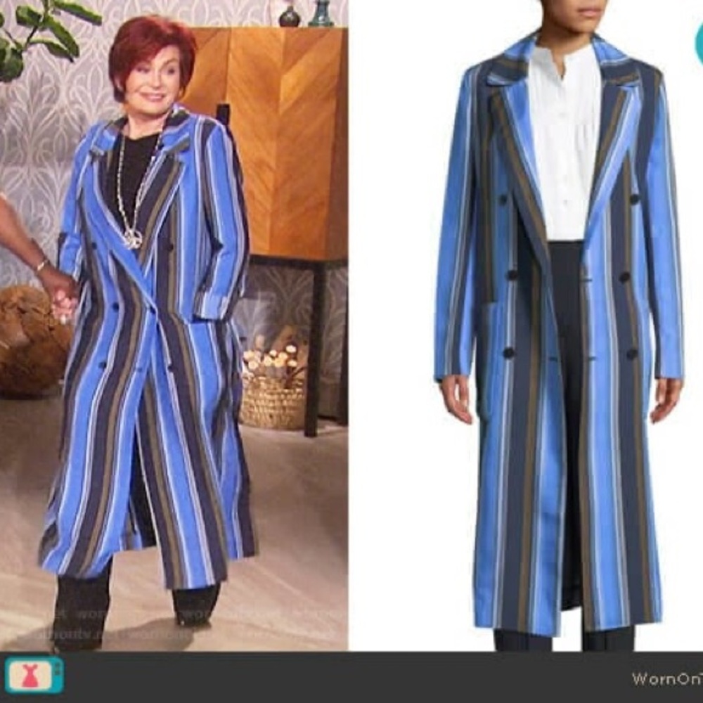 Diane Von Furstenberg Blue and Black Striped Longline silk Trench Coat medium P